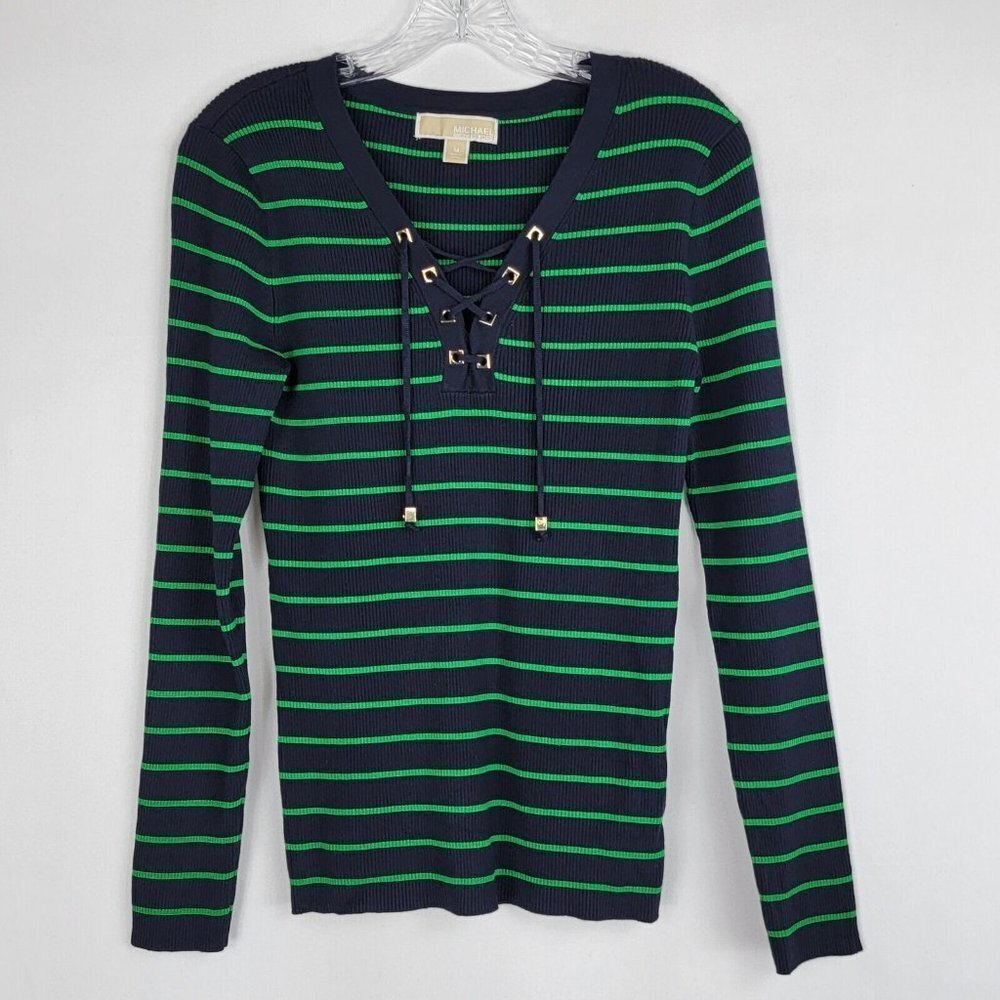 Michael Kors Womens Ribbed Sweater Size Medium Striped Navy Green Corset Neck